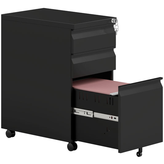 Photo of Vinsetto 3-Drawer Steel Filing Cabinet with Lock and Wheels - Black in Black colour on a white background