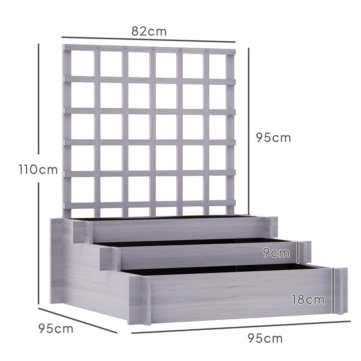 Grey three-tier raised planter with trellis and dimension labels