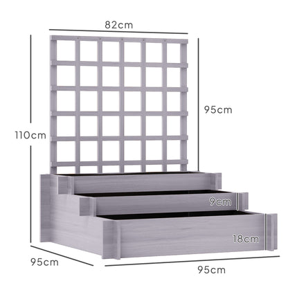 Grey three-tier raised planter with trellis and dimension labels