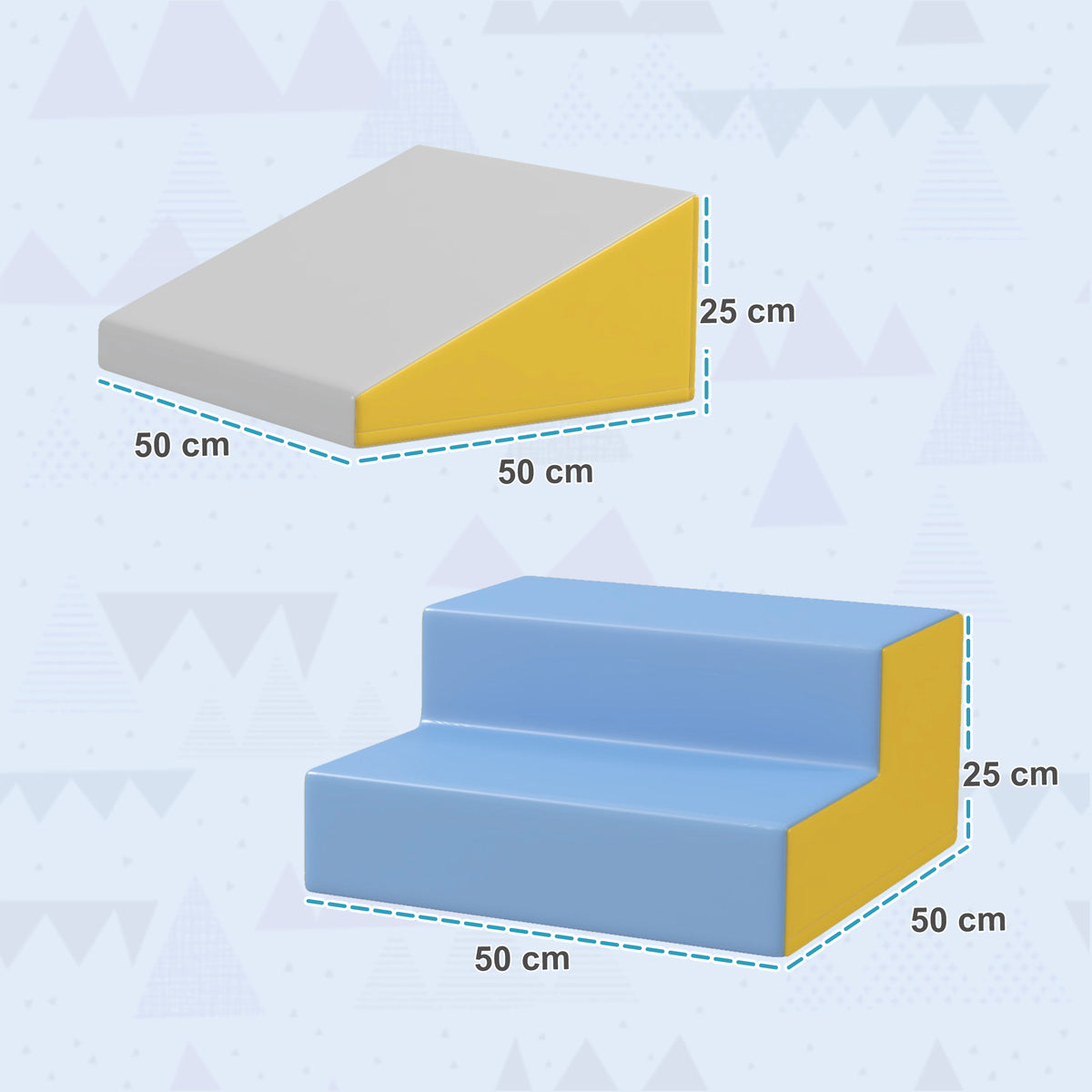 Two-piece soft play set shown as a ramp and step, each 50 cm wide and 25 cm high
