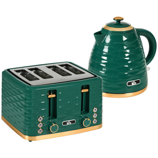Photo of HOMCOM 3000W 1.7L Rapid Boil Kettle & 4 Slice Toaster, Kettle and Toaster Set with 7 Browning Controls and Crumb Tray, Green in Green colour on a white background