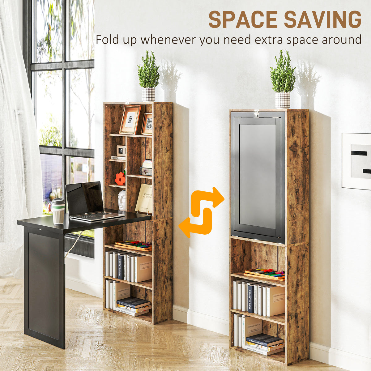 Folding desk shown open and folded into a compact shelving unit