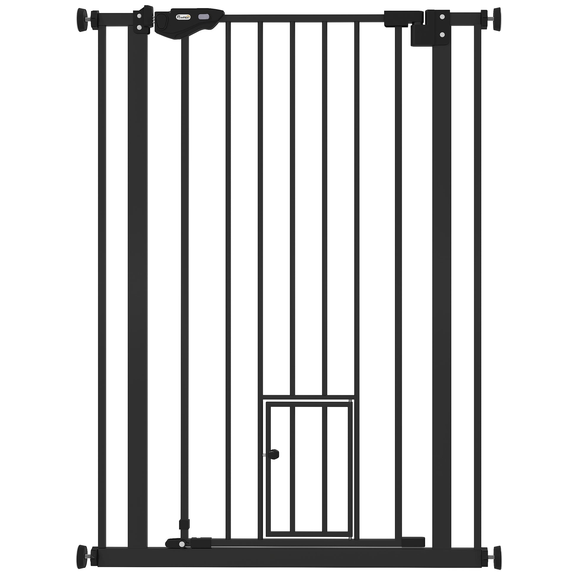 Photo of PawHut Extra Tall Pet Gate, Indoor Dog Safety Gate, with Cat Flap, Auto Close, 74-80cm Wide - Black in Black colour on a white background