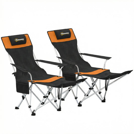 Photo of Outsunny Set of 2 Reclining Folding Camping Chair w/ Detachable Footrest, Storage Bag, Cup Holder & Headrest, Lightweight Portable Camp Chair for Beach, Picnic, Orange and Black in Black colour on a white background