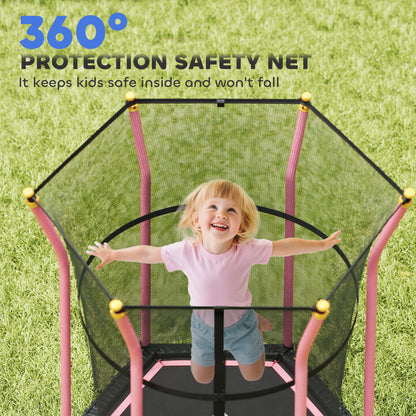 Pink kids trampoline viewed from above, with a full mesh safety enclosure
