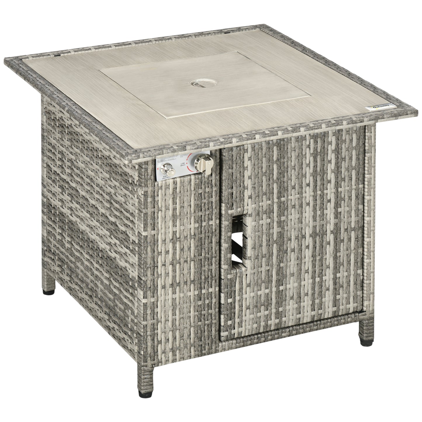 Photo of Outsunny 14.5 KW Rattan Gas Fire Pit Dining Table with Rain Cover, Wind Guard, Lid, Lava Rocks, Grey in Grey colour on a white background
