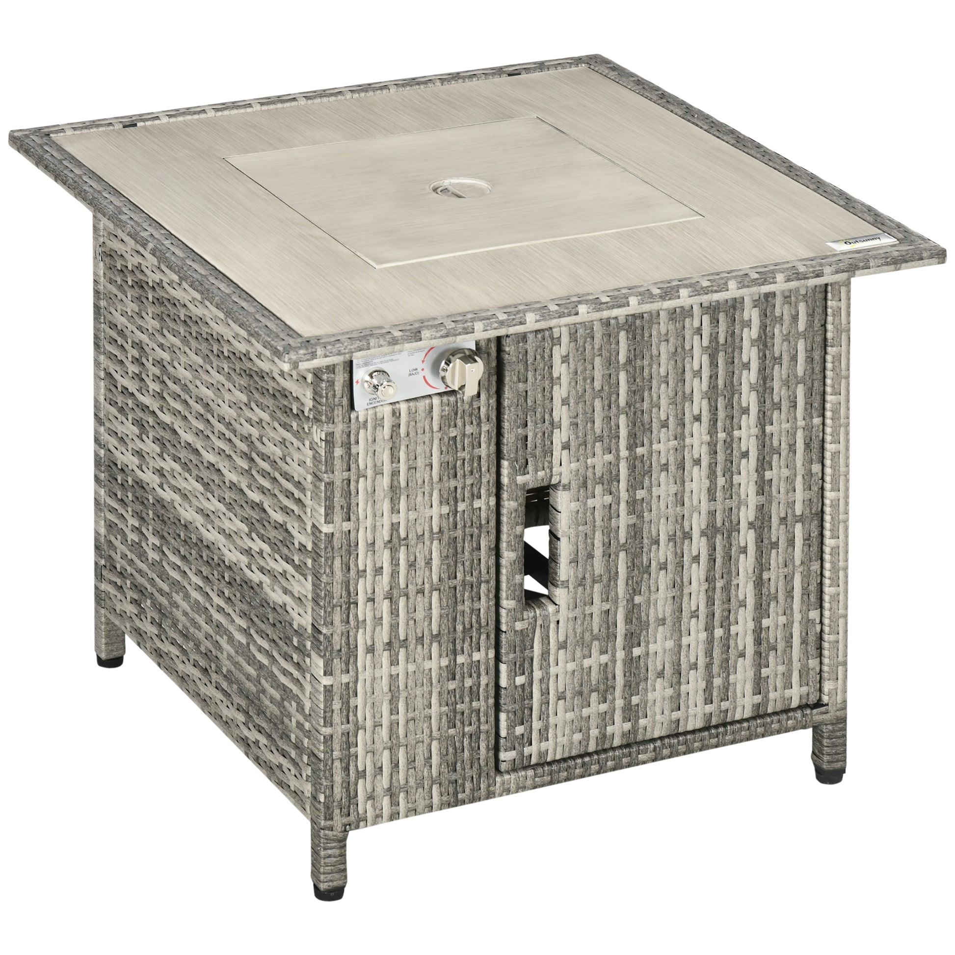 Photo of Outsunny 14.5 KW Rattan Gas Fire Pit Dining Table with Rain Cover, Wind Guard, Lid, Lava Rocks, Grey in Grey colour on a white background