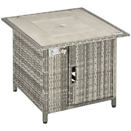 Photo of Outsunny 14.5 KW Rattan Gas Fire Pit Dining Table with Rain Cover, Wind Guard, Lid, Lava Rocks, Grey in Grey colour on a white background