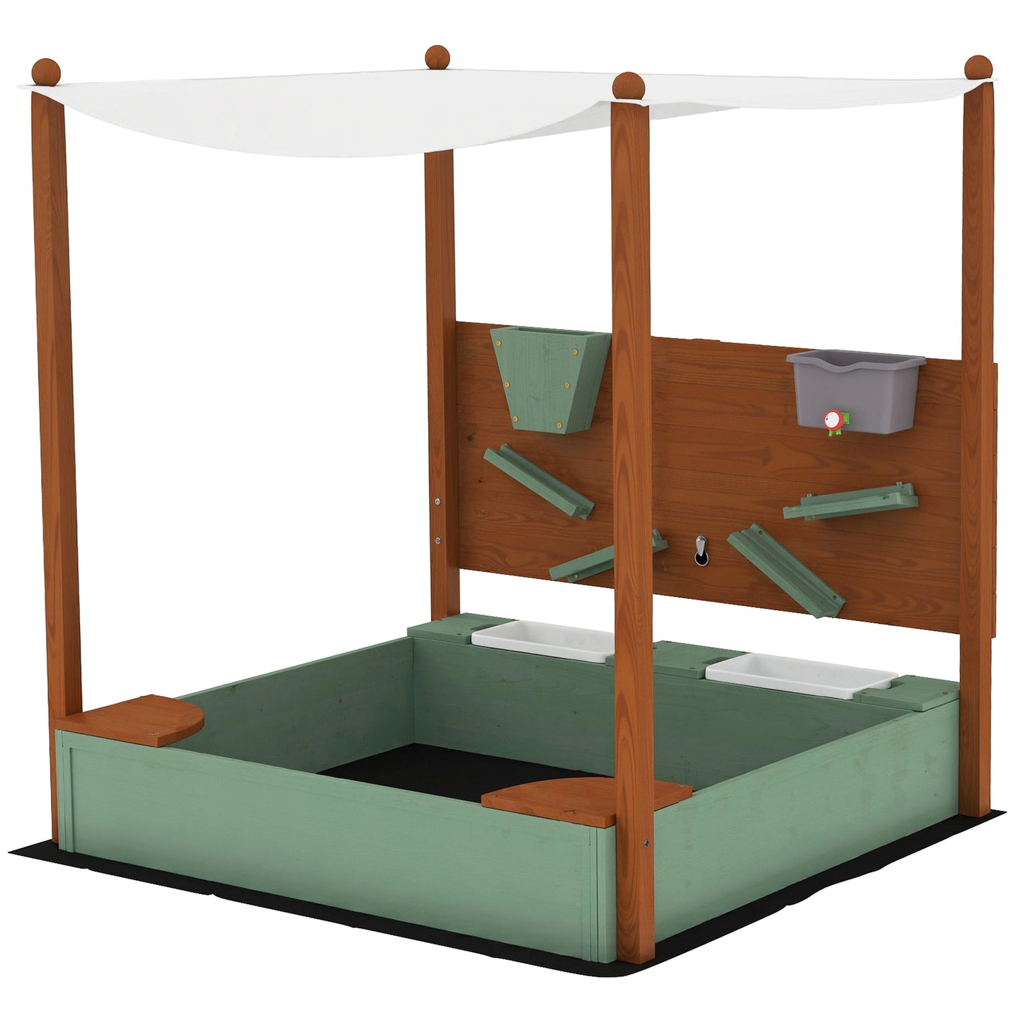 Photo of AIYAPLAY Wood Sandpit with Canopy, Storage Bins, Funnel, Liner, Chutes, Bucket with Tap, 116 x 112.5 x 128 cm, Green in Green colour on a white background