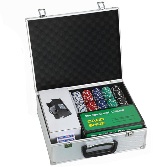 Photo of SPORTNOW 300-Piece Poker Chips Set with Card Shuffler, Card Shoe, Case, Casino Texas Holdem Poker Set with Mat, Silver Tone in Tone colour on a white background