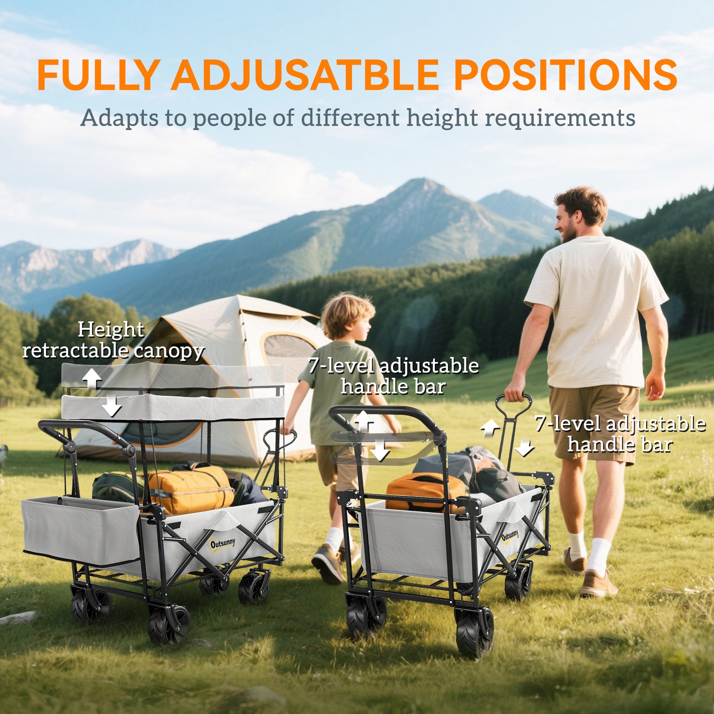 Outsunny 180L Festival Trolley on Wheels, Push & Pull Beach Cart with Removable Canopy, Wide All-Terrain Wheels, Folding Camping Trolley Cart, Adjustable Handle for Garden Fishing Shopping, Grey