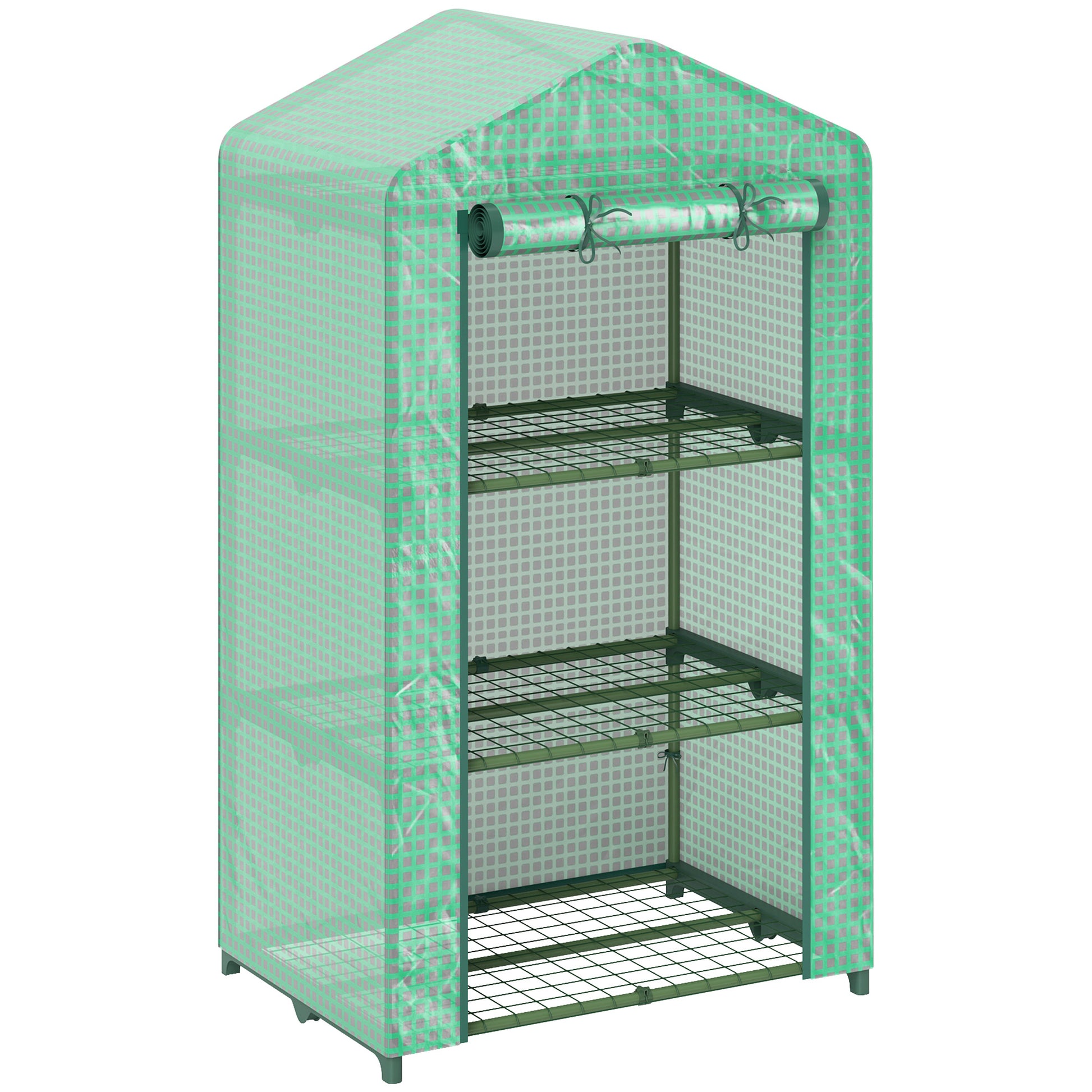 Photo of Outsunny 3 Tier Mini Greenhouse Portable Garden Grow House with Roll Up Door and Wire Shelves, 69 x 49 x 125 cm, Green in Green colour on a white background