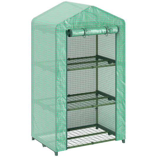 Photo of Outsunny 3 Tier Mini Greenhouse Portable Garden Grow House with Roll Up Door and Wire Shelves, 69 x 49 x 125 cm, Green in Green colour on a white background