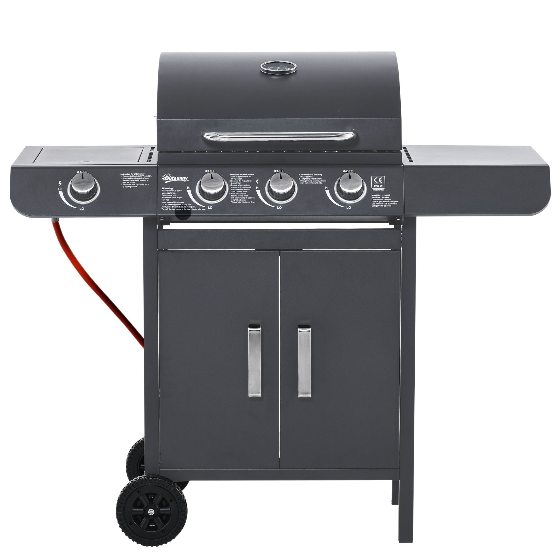 Photo of Outsunny 3+1 Burner Gas BBQ Grill, Outdoor Barbecue Trolley with Wheels, Warming Rack, Side Shelves, Cabinet, Thermometer for Garden, Party, Camping, 110L x 50W x 100Hcm, Grey in Grey colour on a white background