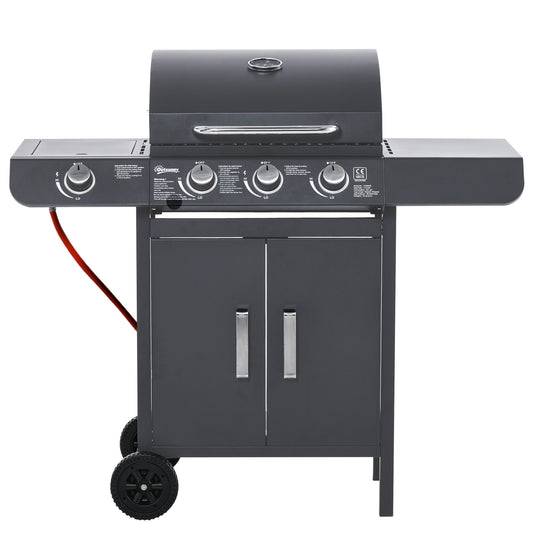 Photo of Outsunny 3+1 Burner Gas BBQ Grill, Outdoor Barbecue Trolley with Wheels, Warming Rack, Side Shelves, Cabinet, Thermometer for Garden, Party, Camping, 110W x 50D x 100Hcm, Grey in Grey colour on a white background