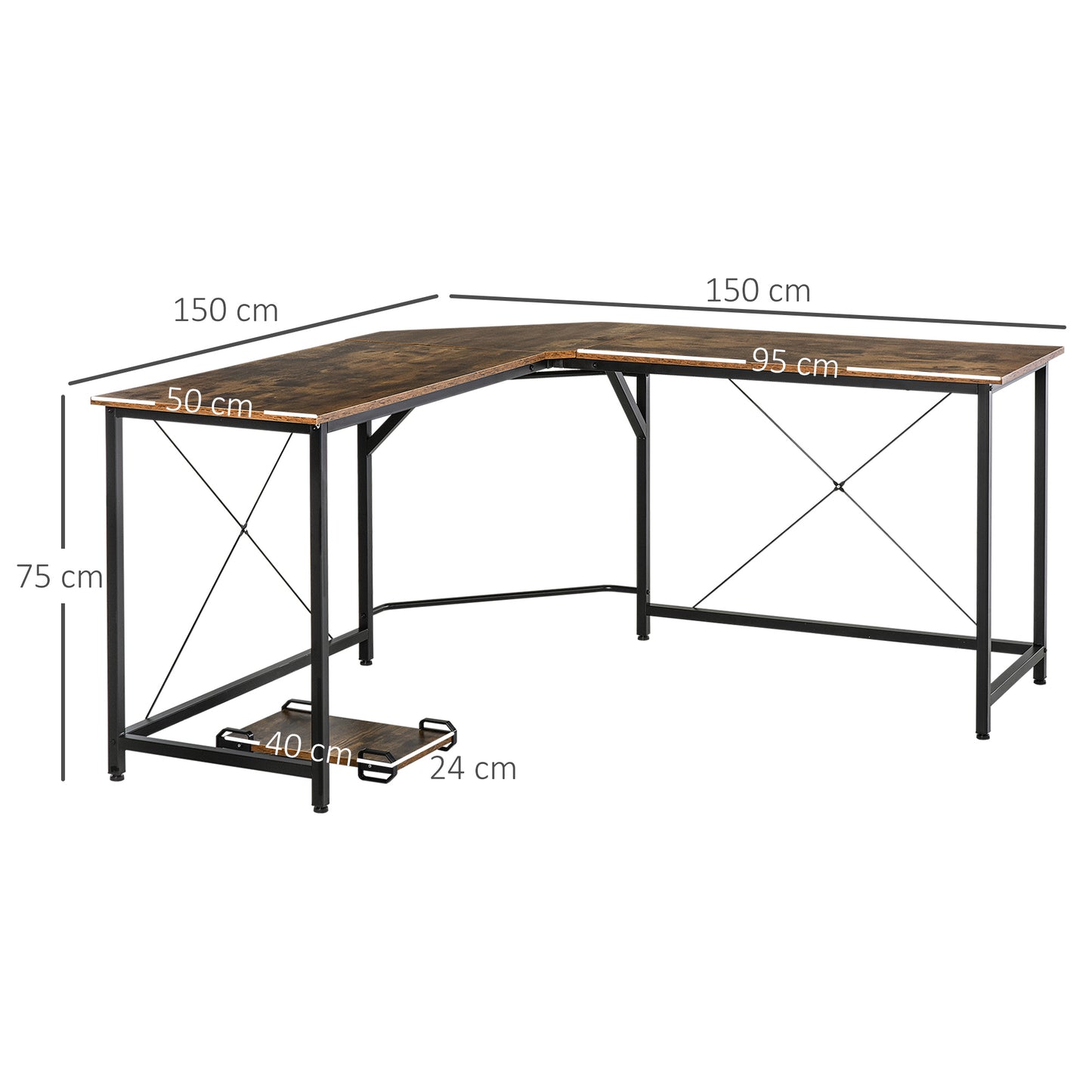 HOMCOM L-Shaped Desk, Gaming Desk, 150 x 150 x 75 cm, Corner Computer Desk for Study, Home Office, Bedroom, Rustic Brown