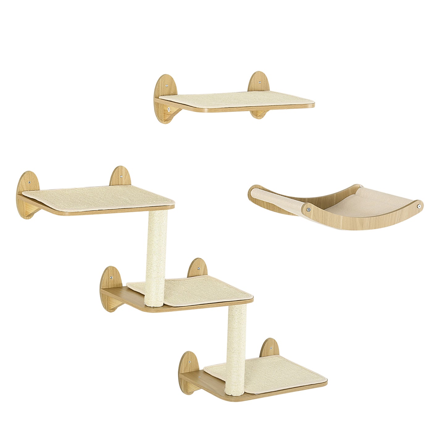 Photo of PawHut 3PCs Wall-Mounted Cat Shelves, with Jumping Platforms, Hammock, Scratching Post - Oak Tone in Tone colour on a white background