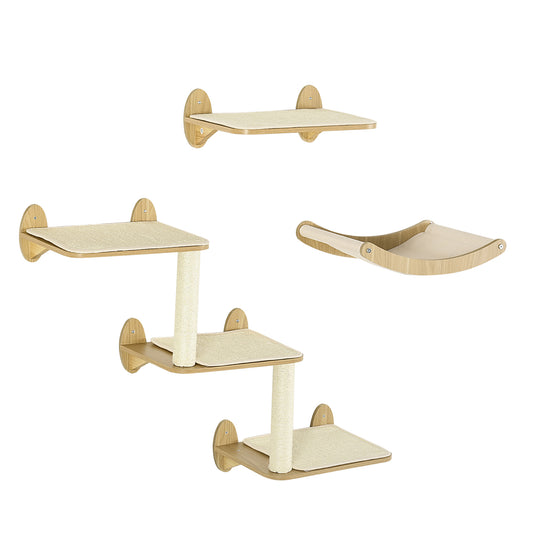 Photo of PawHut 3PCs Wall-Mounted Cat Shelves, with Jumping Platforms, Hammock, Scratching Post - Oak Tone in Tone colour on a white background