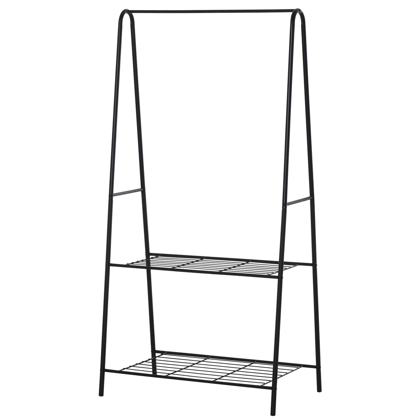 Photo of HOMCOM Metal Clothes Rack Coat Garment Hanger Hallway Organiser Hanging Rail Stand 2-tier Shoe Shelving A Shaped 77L x 45W x 153H cm Black in Black colour on a white background