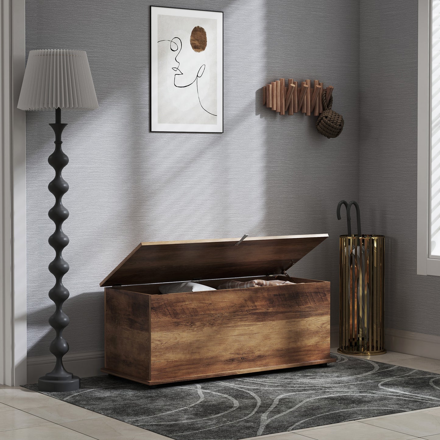 HOMCOM Storage Chest, Large 113L Blanket Box, Shoe Bench with Safety Hinged Lid, Storage Trunk, Bed End Bench for Bedroom, Hallway, Living room, Playroom, 100 x 40 x 40cm, Brown Wood Grain