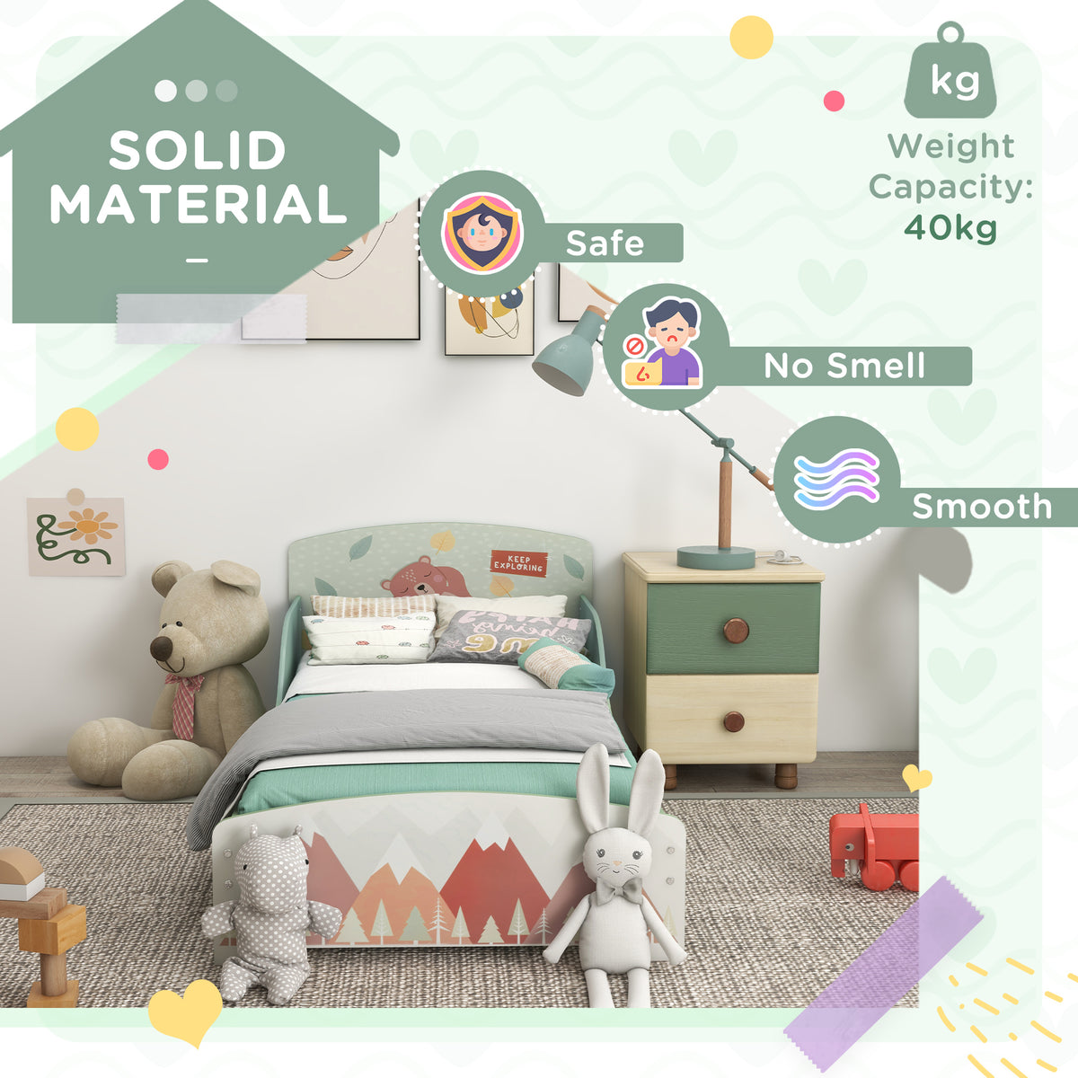 ZONEKIZ green toddler bed shown made up in a children's bedroom