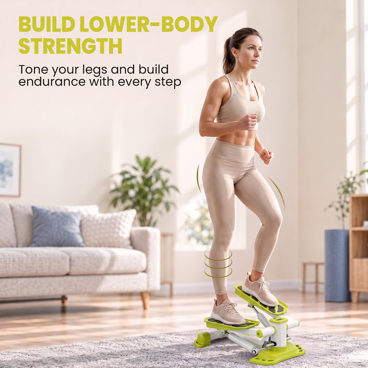 Yellow mini stepper with non-slip pedals shown during a lower-body workout
