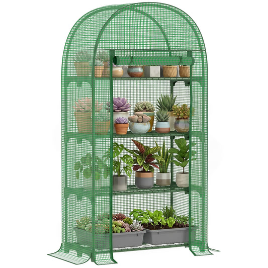 Green four-tier mini greenhouse with mesh cover, metal shelves, and potted plants