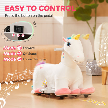 AIYAPLAY electric ride-on unicorn with foot pedal and forward or music control modes