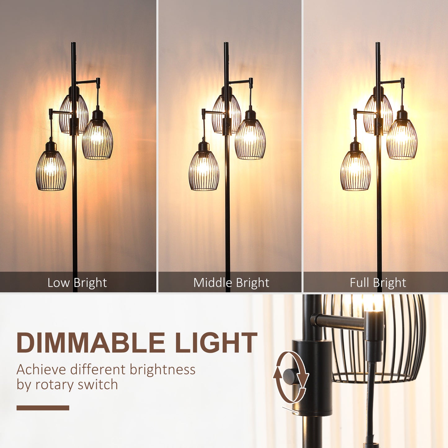 HOMCOM 3-Light Floor Lamp, 170cm Industrial Dimmable Standing Lamp with Steel Wire Cage Lampshades for Living Room, Bedroom, Dining Room, Study, Bulb Not Included, Black