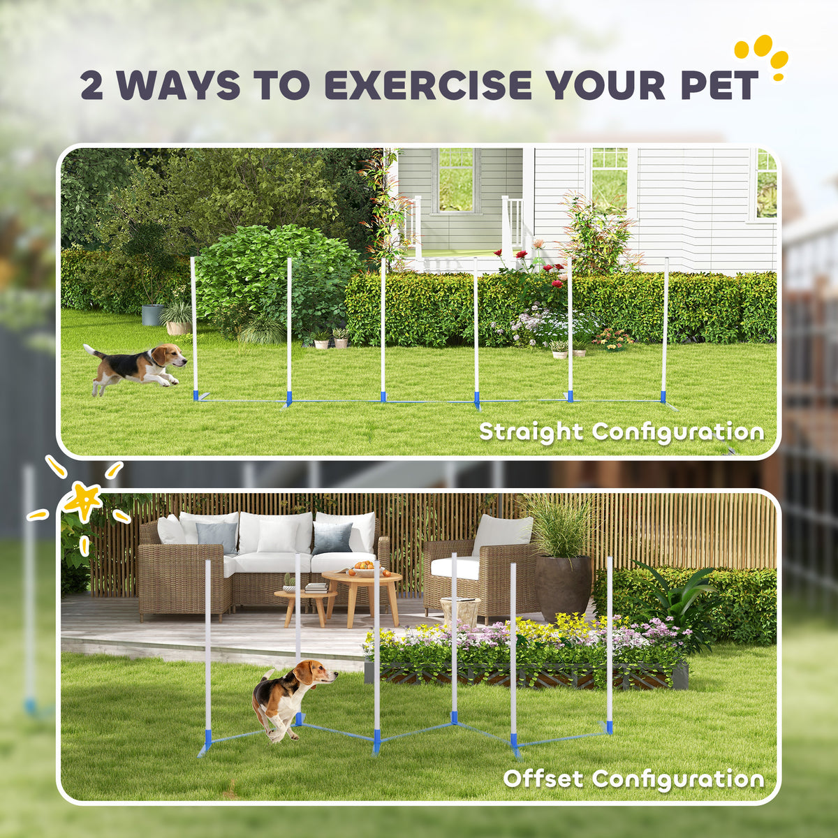 PawHut dog agility weave poles shown in straight and offset configurations