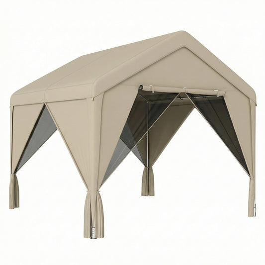 Photo of Outsunny 3 x 3 m Patio Gazebo with Netting & Curtains, Outdoor Canopy Shelter with Galvanised Steel Frame, Khaki in Khaki colour on a white background