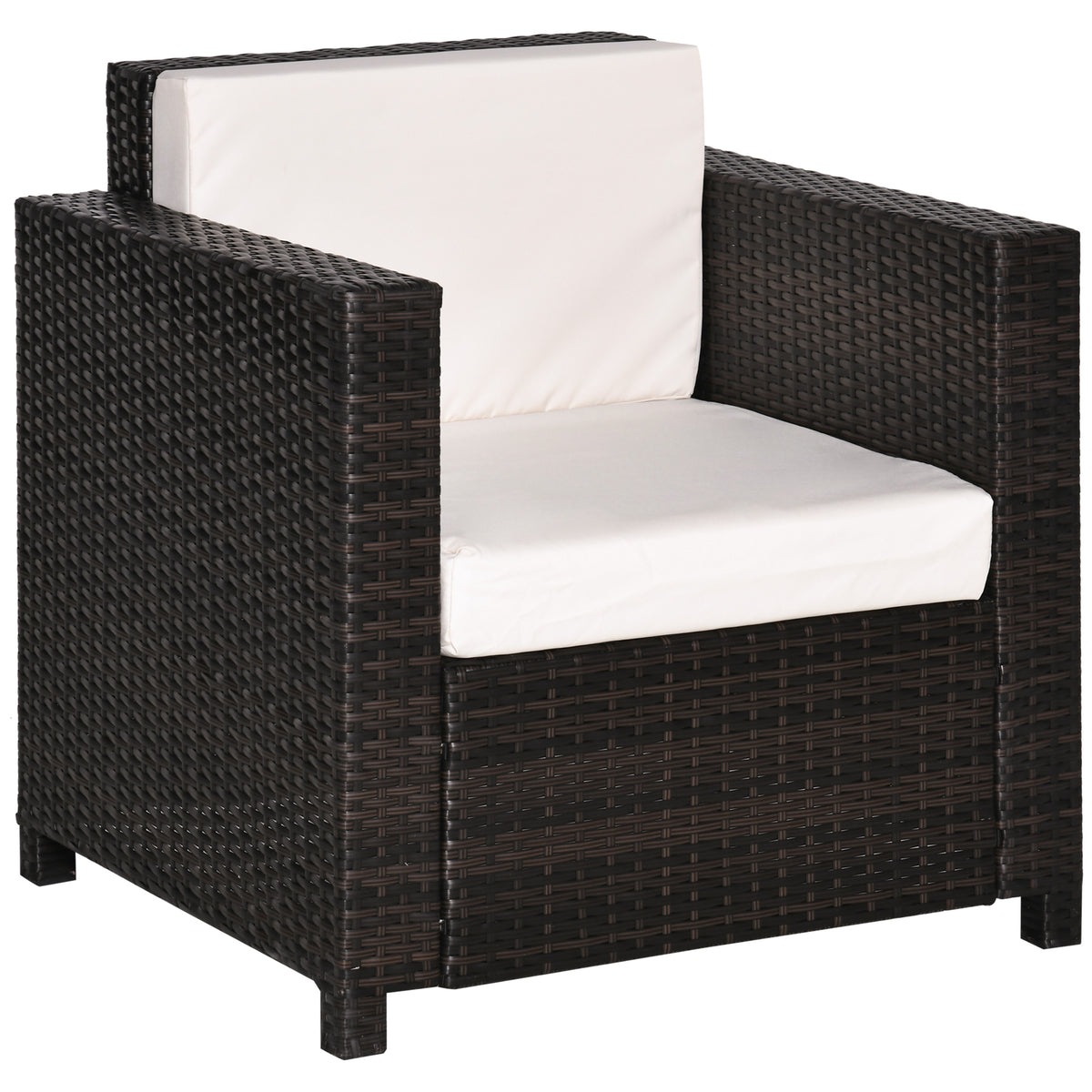 Brown PE rattan armchair with thick white seat and back cushions