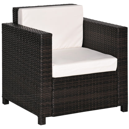 Brown PE rattan armchair with thick white seat and back cushions