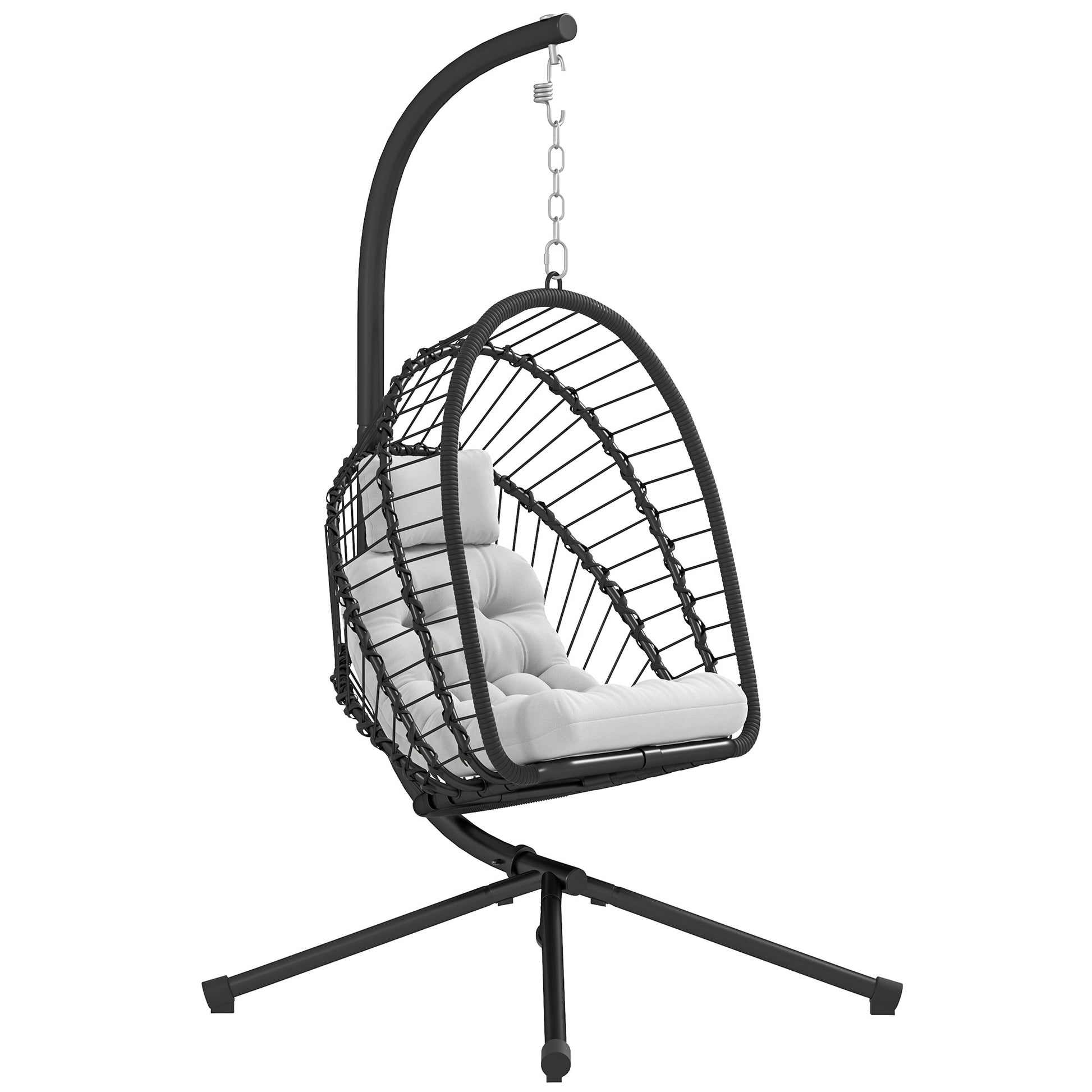 Photo of Outsunny Outdoor PE Rattan Swing Chair with Foldable Basket and Cushion, Garden Patio Hanging Egg Chair with Metal Stand, Headrest for Indoor and Outdoor, Black in Black colour on a white background