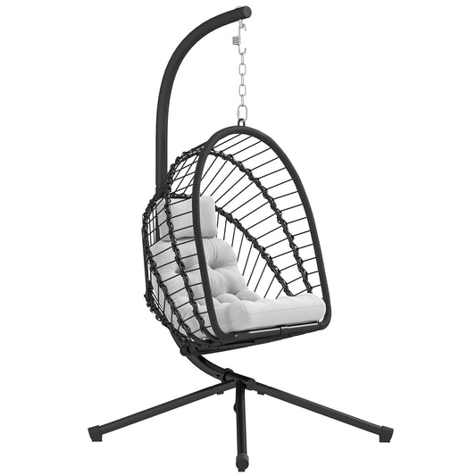 Photo of Outsunny Outdoor PE Rattan Swing Chair with Foldable Basket and Cushion, Garden Patio Hanging Egg Chair with Metal Stand, Headrest for Indoor and Outdoor, Black in Black colour on a white background