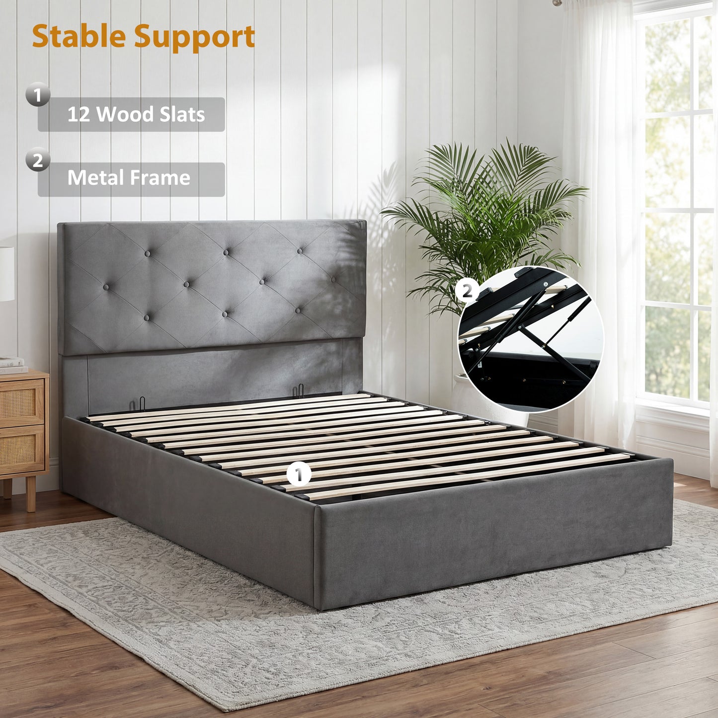 HOMCOM King Size Bed Frame Gas End Lift Under Bed Storage Upholstered Platform Bed Tufted Headboard for 150 x 200 cm Mattress