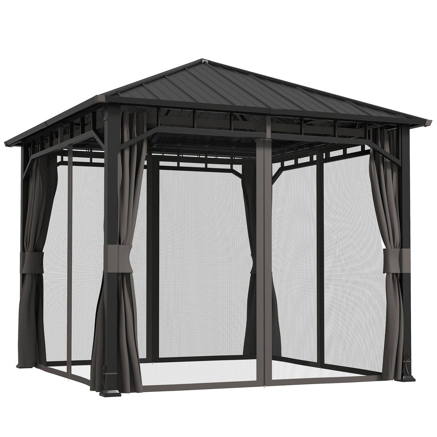 Photo of Outsunny 3 x 3(m) Hardtop Gazebo with Galvanised Steel Roof, Waterproof Permanent Pavilion Garden Gazebo with Netting and Curtains for Patio, Deck in Deck colour on a white background