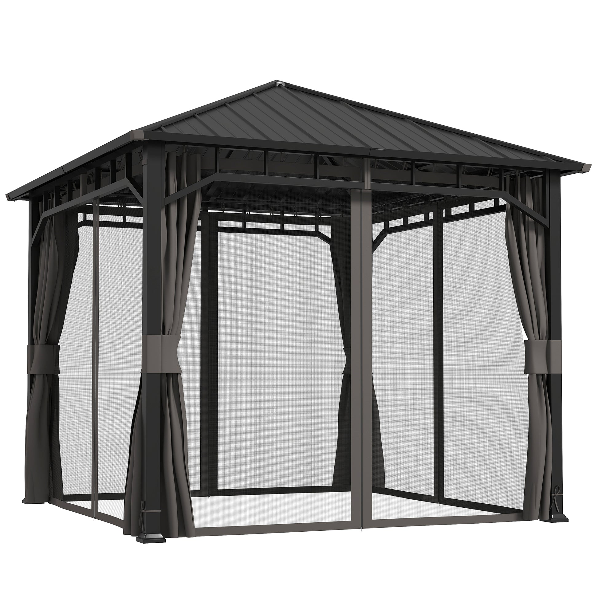 Photo of Outsunny 3 x 3(m) Hardtop Gazebo with Galvanised Steel Roof, Waterproof Permanent Pavilion Garden Gazebo with Netting and Curtains for Patio, Deck in Deck colour on a white background