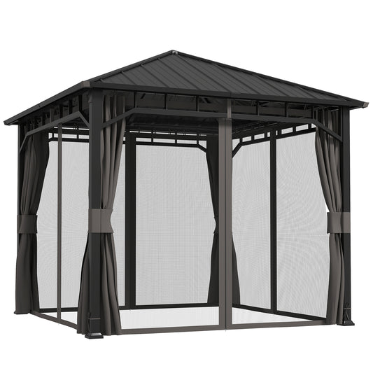 Photo of Outsunny 3 x 3(m) Hardtop Gazebo with Galvanised Steel Roof, Waterproof Permanent Pavilion Garden Gazebo with Netting and Curtains for Patio, Deck in Deck colour on a white background