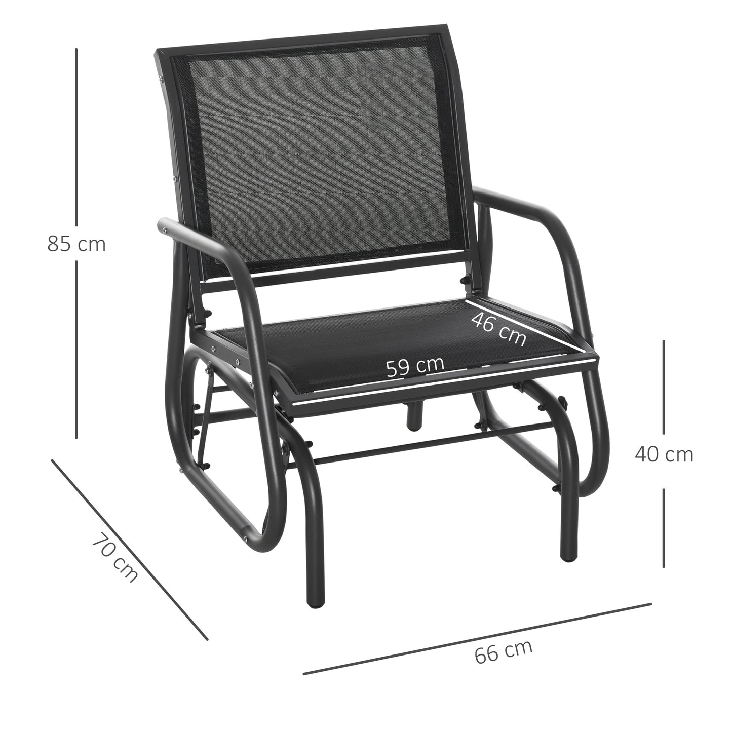 Outsunny Outdoor Garden Glider Chair, Metal Frame Single Armchair Swing Seater w/ Breath Mesh Fabric Seat, Curved Backrest, Armrests, for Living Room, Patio, Porch, Dark Grey