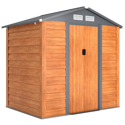 Photo of Outsunny 6.5 x 5ft Metal Garden Shed, House Hut Gardening Tool Storage with Ventilations, Sliding Door, Sloped Roof for Garden, Patio, Brown in Brown colour on a white background