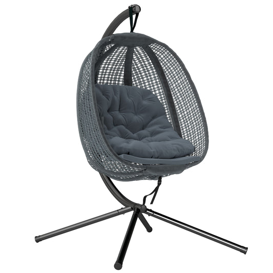 Photo of Outsunny Outdoor Swing Chair with Thick Padded Cushion, Patio Hanging Chair with Metal Stand, Egg Chair with Foldable Basket, Cup Holder, for Indoor and Outdoor, Dark Grey in Grey colour on a white background
