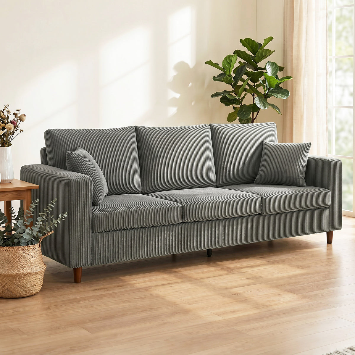 HOMCOM 3 Seater Sofa with Wide Seat, Corduroy Fabric Couch with Deep Seat, Spring Cushion, Light Grey