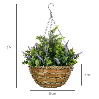 Artificial lavender hanging basket with purple flowers, green foliage, metal chains, and woven pot