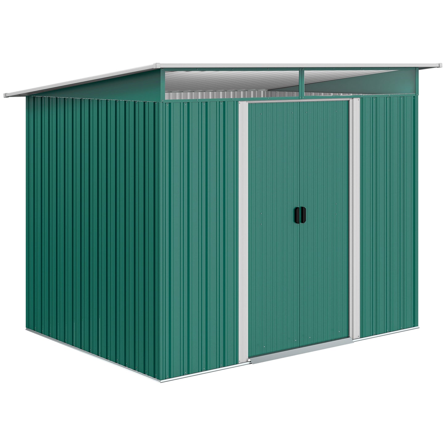 Photo of Outsunny 8.5 x 6ft Metal Shed with Lightsky Panels, Garden Storage Tool House with Double Doors for Garden, Patio and Lawn, Green in Green colour on a white background