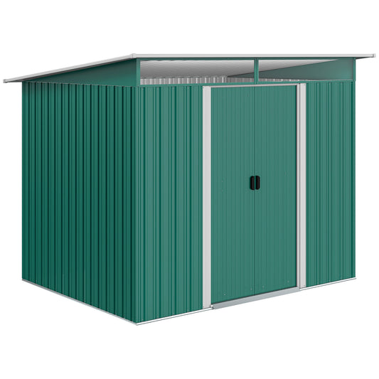 Photo of Outsunny 8.5 x 6ft Metal Shed with Lightsky Panels, Garden Storage Tool House with Double Doors for Garden, Patio and Lawn, Green in Green colour on a white background