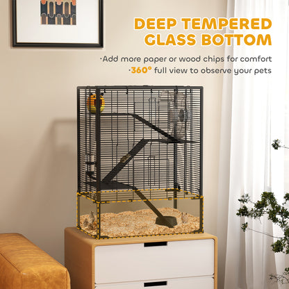 PawHut four-tier hamster cage shown with bedding in its deep glass bottom