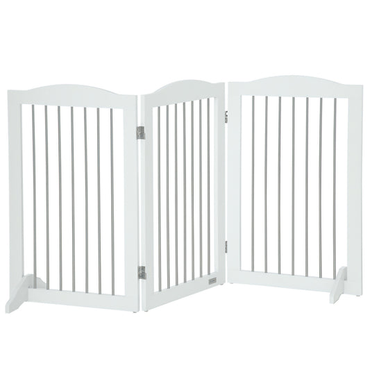 PawHut white foldable dog gate with three hinged panels and support feet