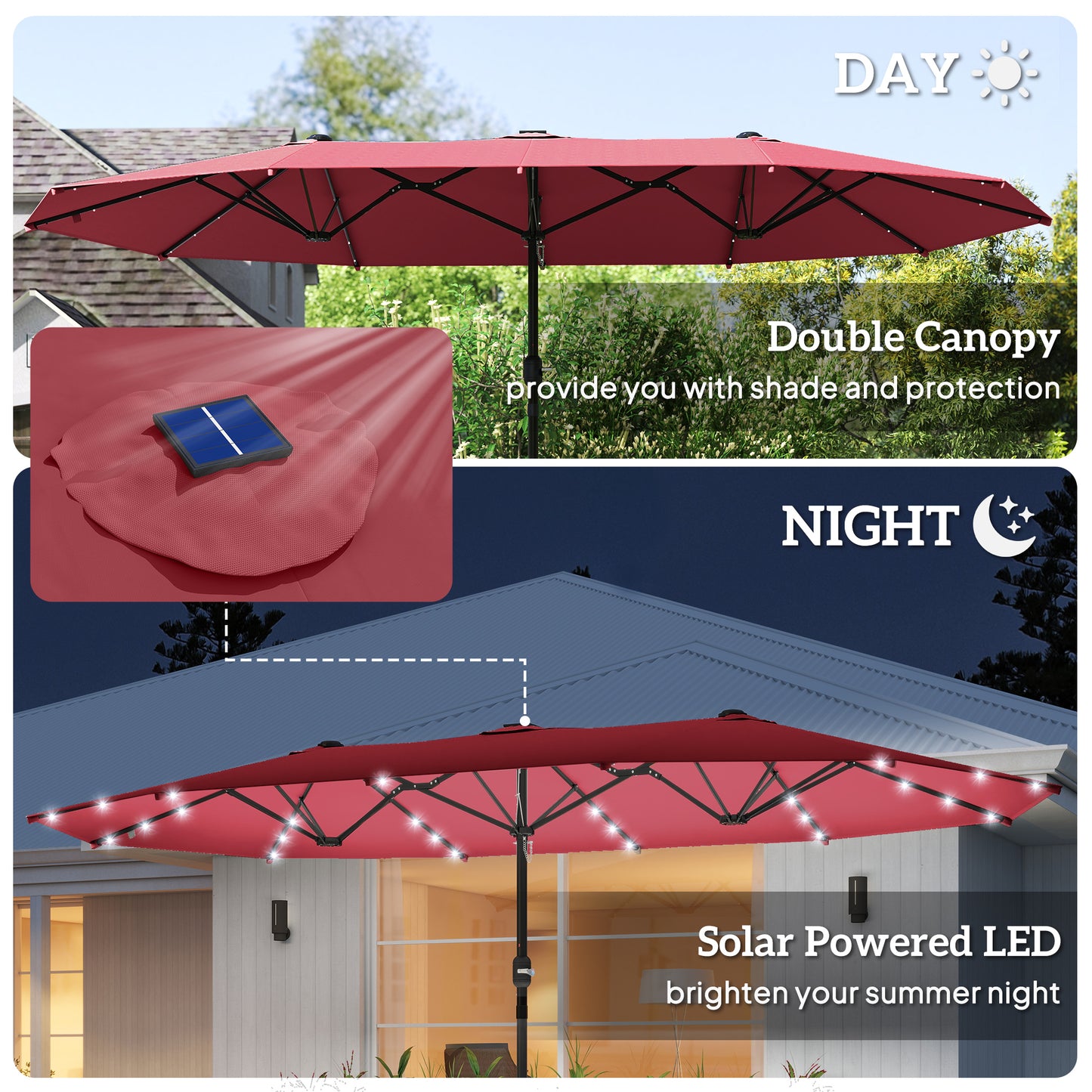 Outsunny 4.4m Double-Sided Sun Umbrella Patio Parasol LED Solar Lights Red