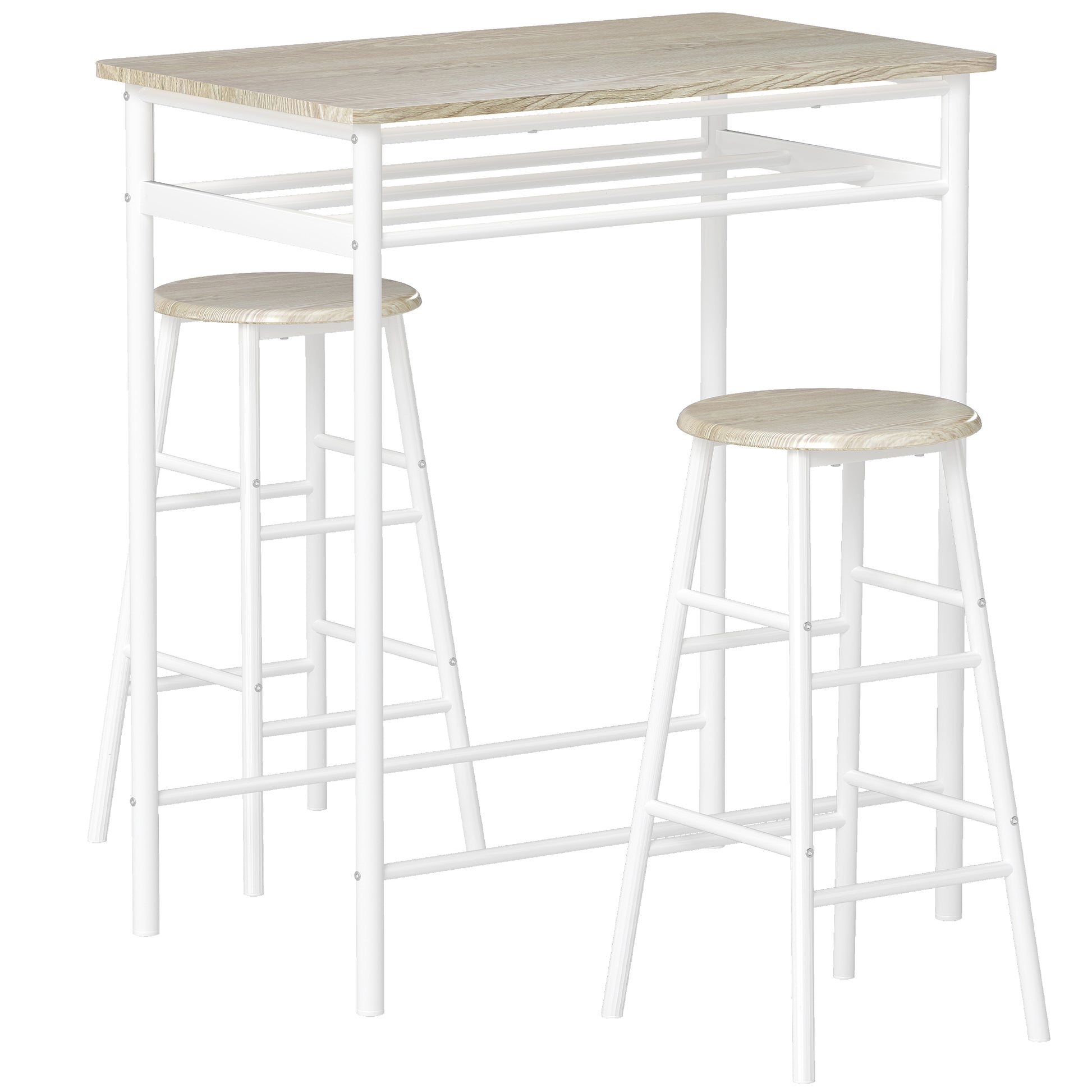 Photo of HOMCOM Bar Table Set, Bar Table and Stools Set, Footrest and Storage Shelf, for Kitchen, Dining Room, Pub, Cafe, White and Oak in Oak colour on a white background